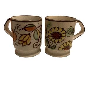 Vintage set of 2 Japanese stoneware mugs speckled floral sunflowers